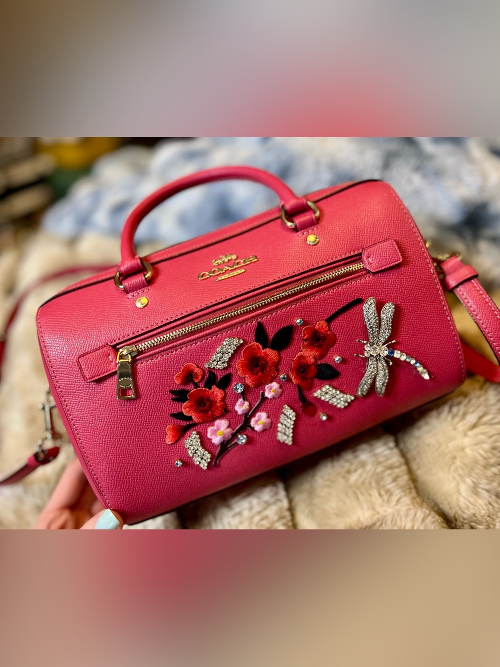 Rowan Satchel Med in Bold Pink Multi w/ hand-bespoked front design (Retail $398)
